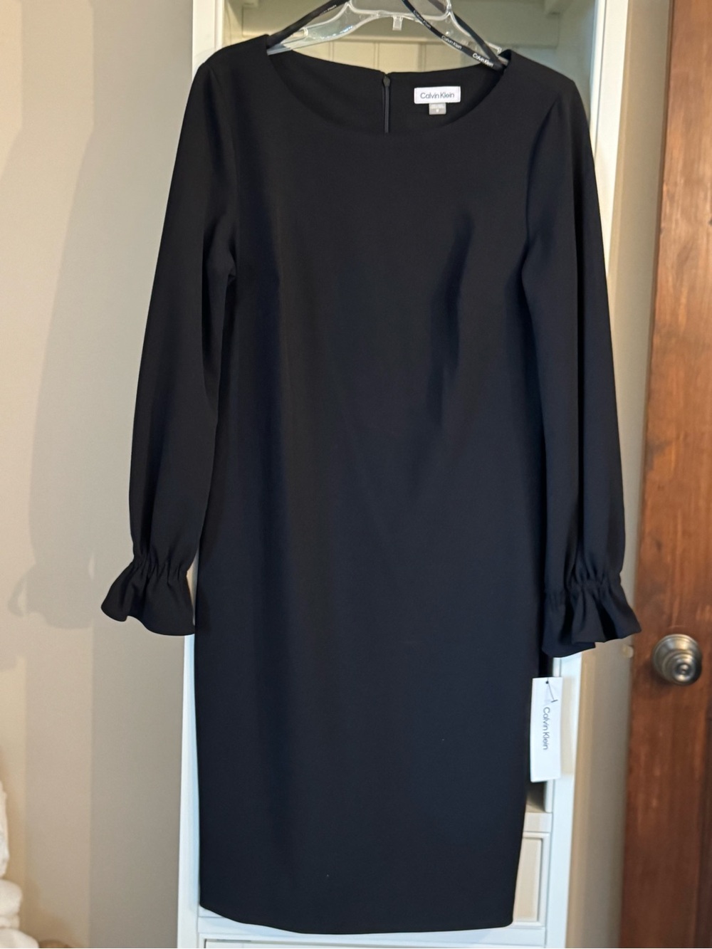 Calvin Klein Black Midi Sheath Dress with Ruffle Cuffs